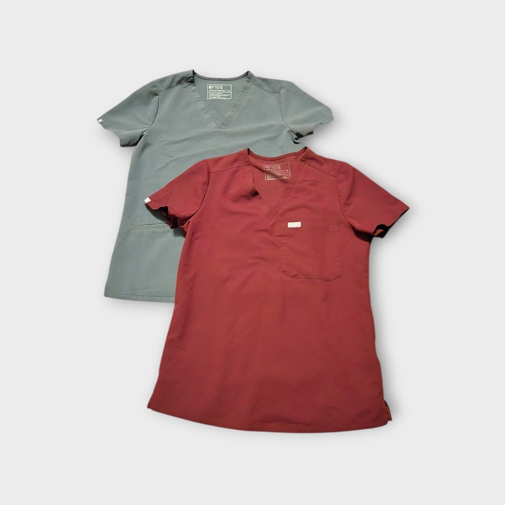 Figs Scrubs Technical Collection Set Of 2 Tops Burgundy And Grey Women Size XS
